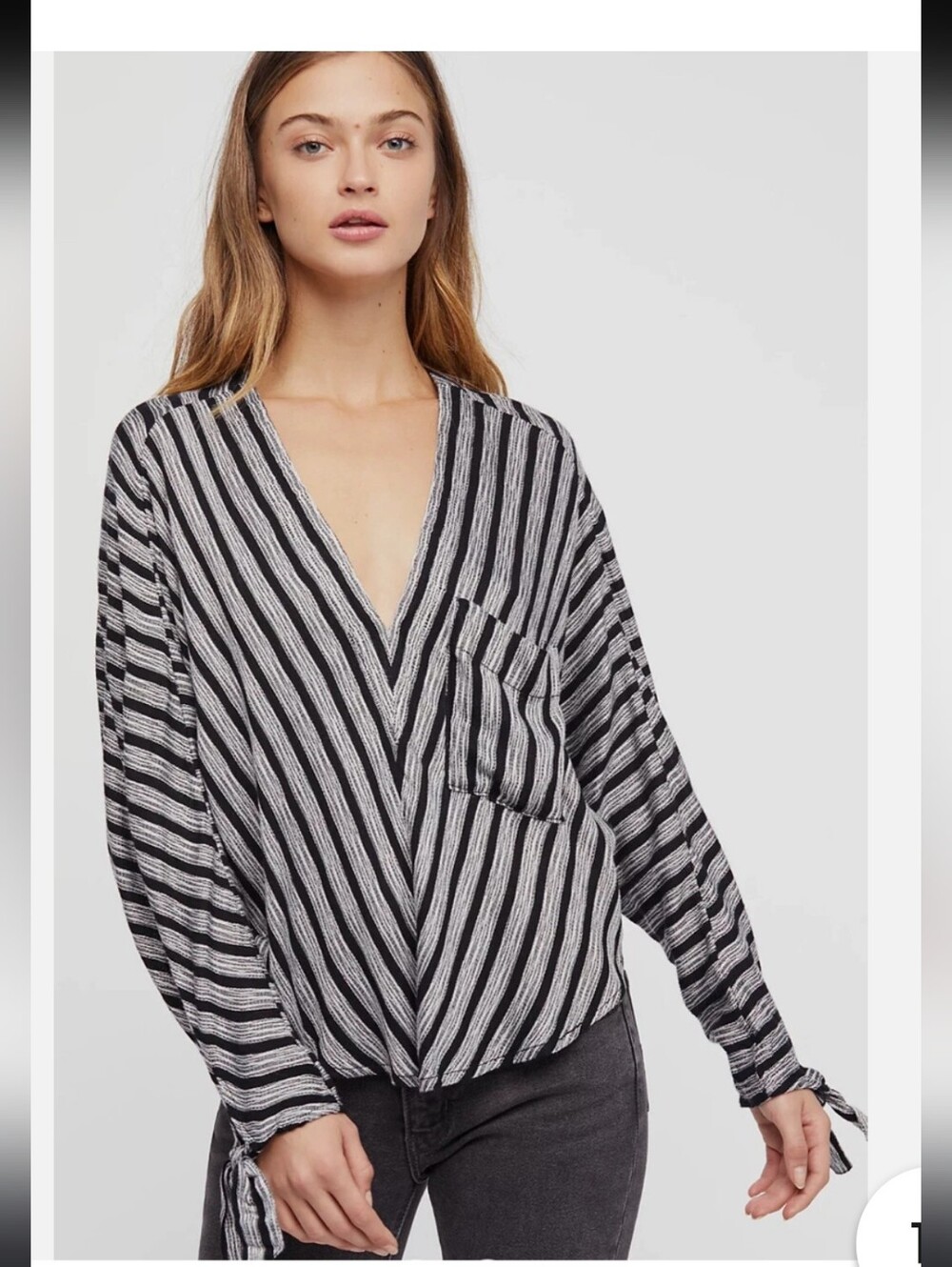 Free People Long Sleeve V Neck Shirt Tie Sleeve Boho Slouchy Grunge Sz XS